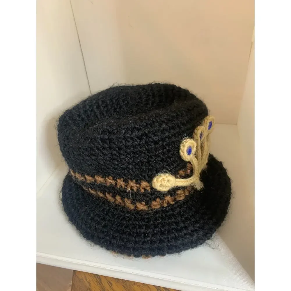 Jotaro Kujo Black Crochet Hat with Gold & Blue Embellishments